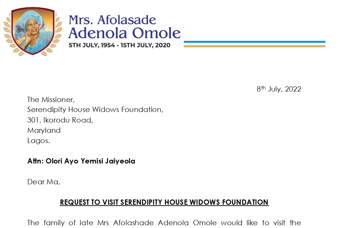 Letter: Mrs. Afolasade Adenola Omole - Request to visit Serendipity House Widows Foundation