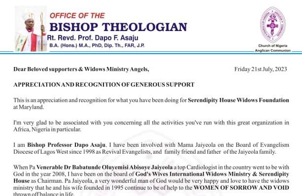 Serendipity Widows Chairman Bishop (Prof.) Dapo Asaju  thanks Widows Ministry Angels
